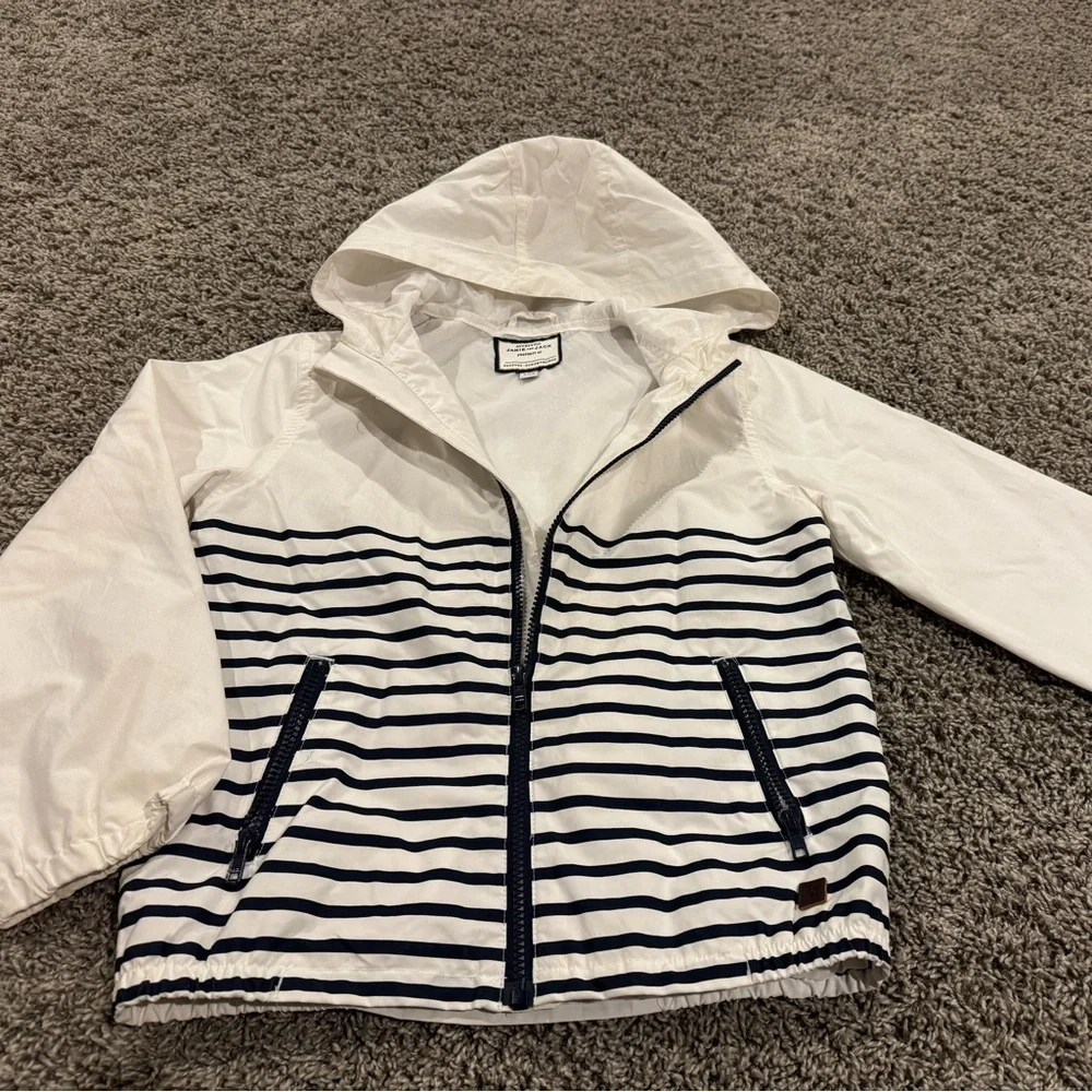 Janie and Jack white and navy blue Hooded Jacket, size 7-8